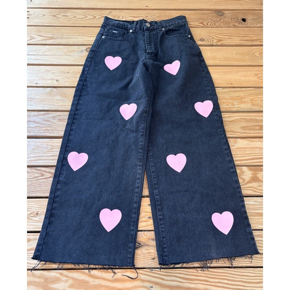 Minga Women’s Heart pattern Wide Leg Jeans Size 2 Black T6 - Picture 1 of 8